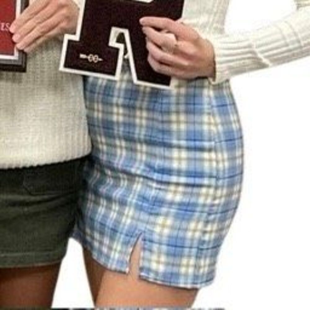 Shein Blue Cream Plaid Mini Skirt - sz xs - Picture 5 of 13